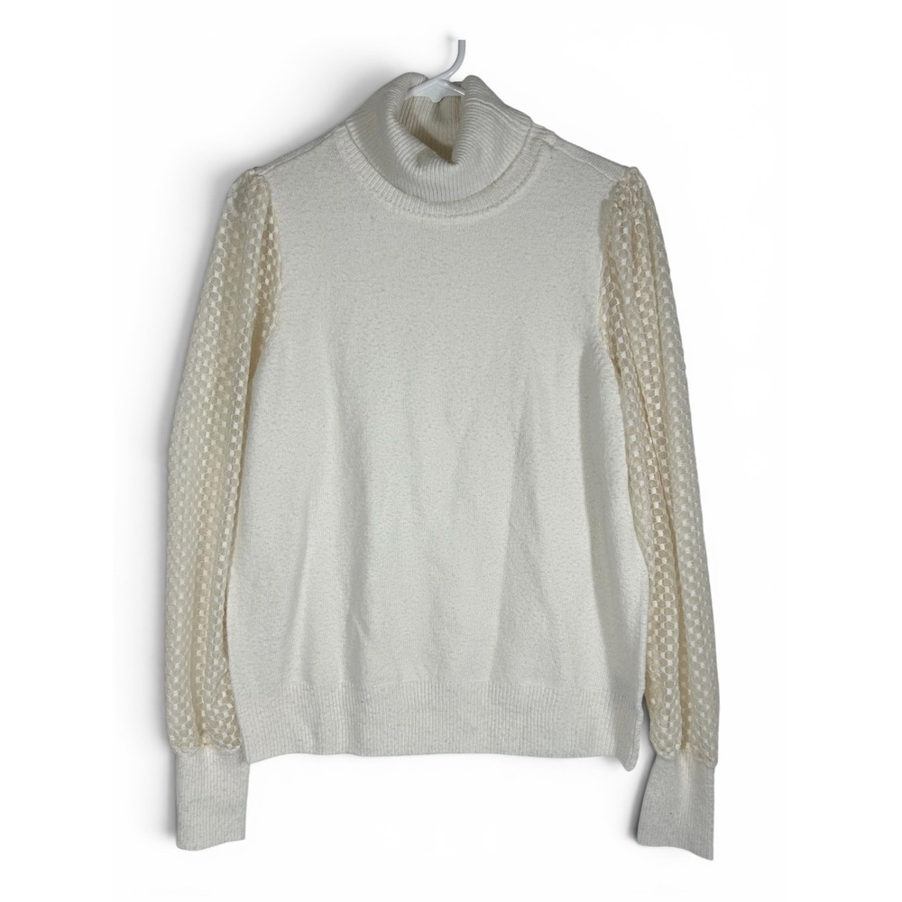 Marled Reunited Clothing Cream Turtleneck Sweater Sheer Mesh Puff Sleeve Large